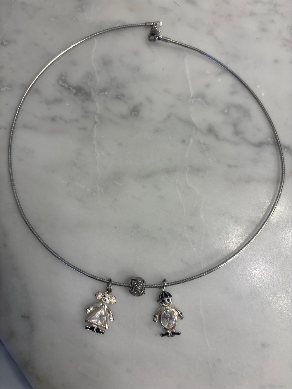 Silver Charm Necklace with Girl and Boy Pendants - Silver